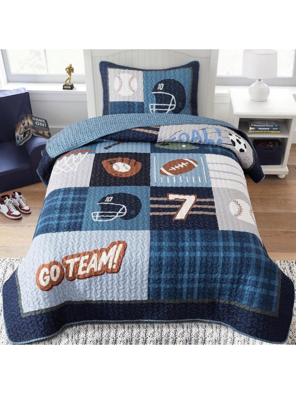 Sports Quilt Set for Boys - Football & Baseball Design, Queen Size with 2 Shams